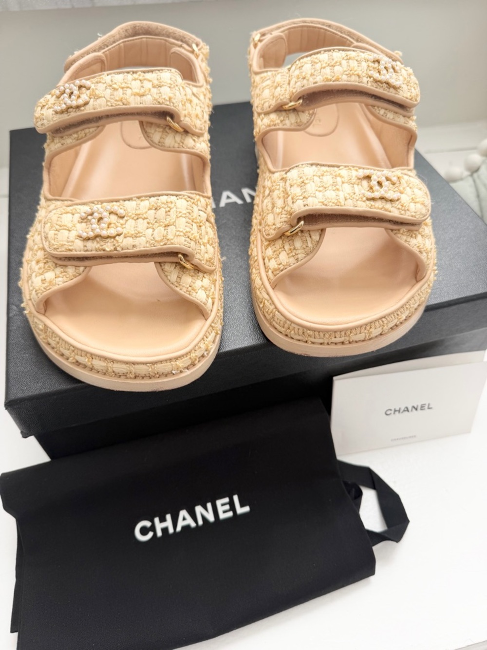 CHANEL Raffia Pearl Dad Sandals 37 Beige 21C CC Logo Velcro - Picture 4 of 16